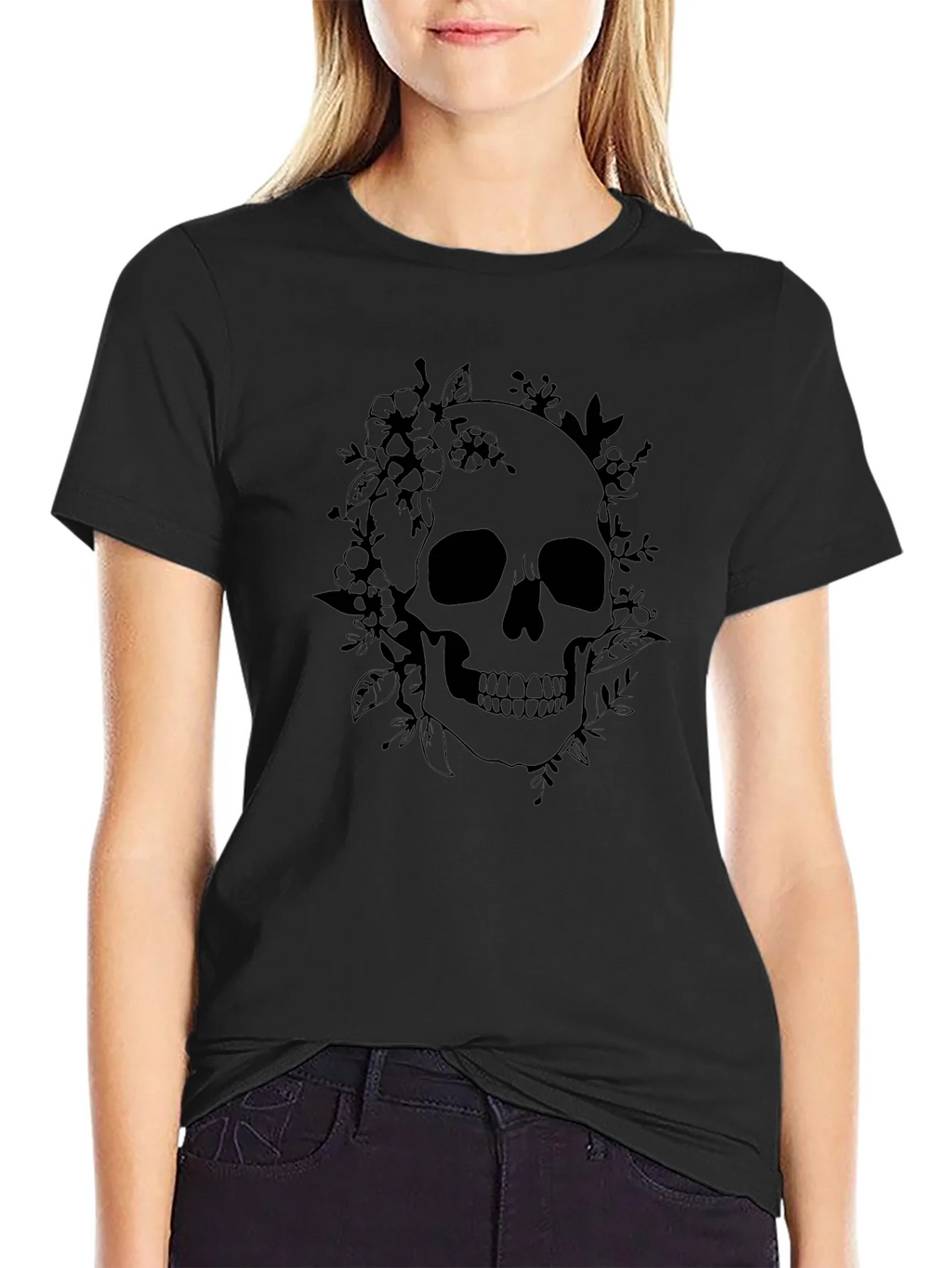 Floral Skull Graphic Tee - Black Cotton T-Shirt